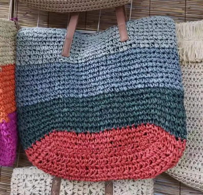 Geantă de paie naturală din hârtie de croșetat multicoloră
