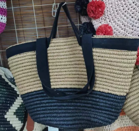 Bandă de bumbac negru geantă de plajă pentru femei mari